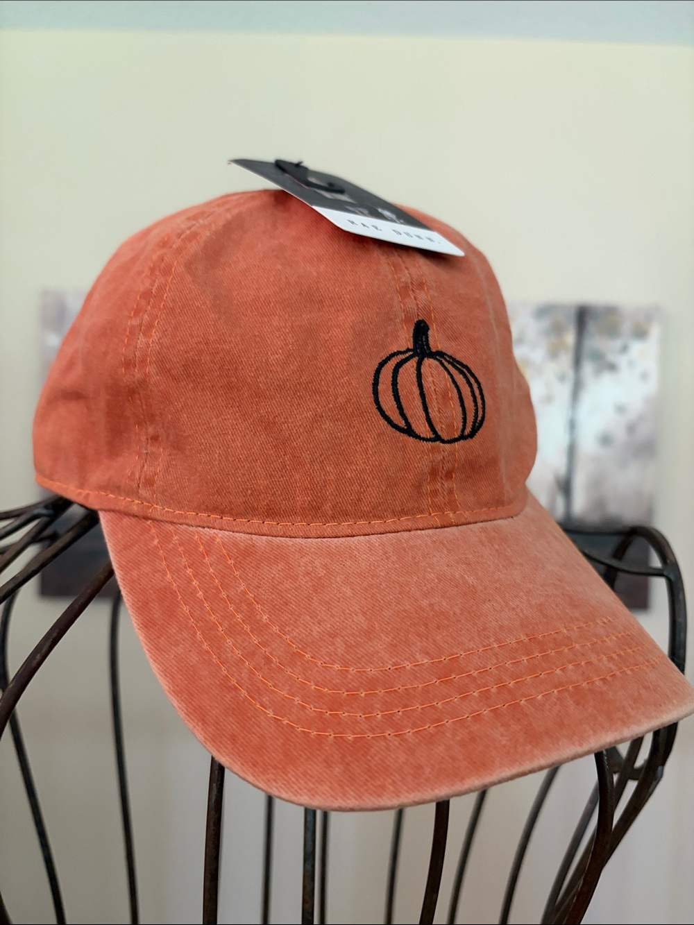 NWT Rae Dunn Washed Orange 100% Cotton Adjustable Cap Embroidered Pumpkin